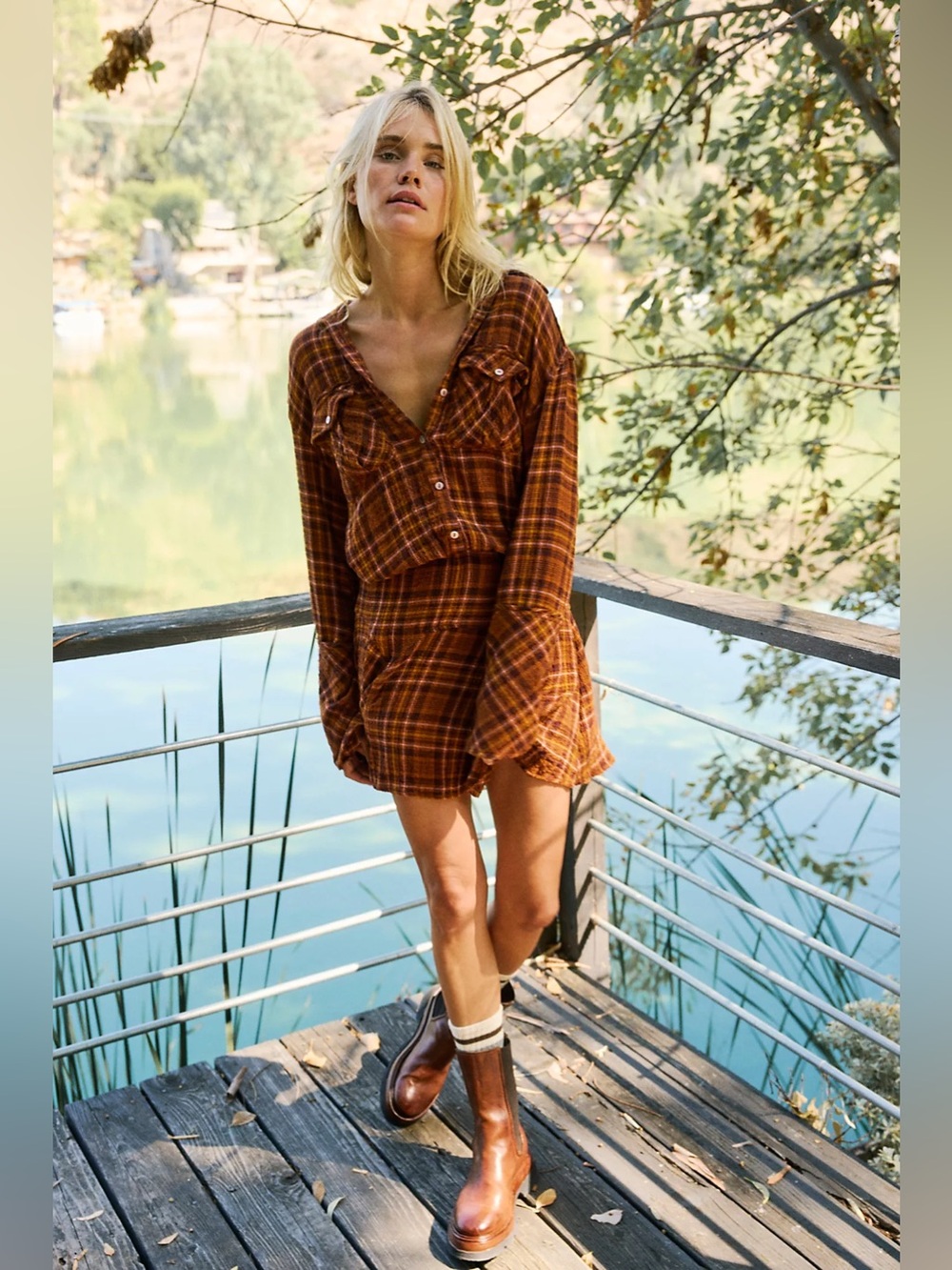 Free People Milo Plaid Flannel Mini Shirt Dress in Brown NWT! size Small